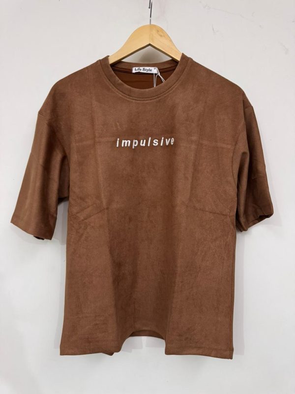 “Impulsive” Suede-Feel Oversized Tee – Mocha Brown